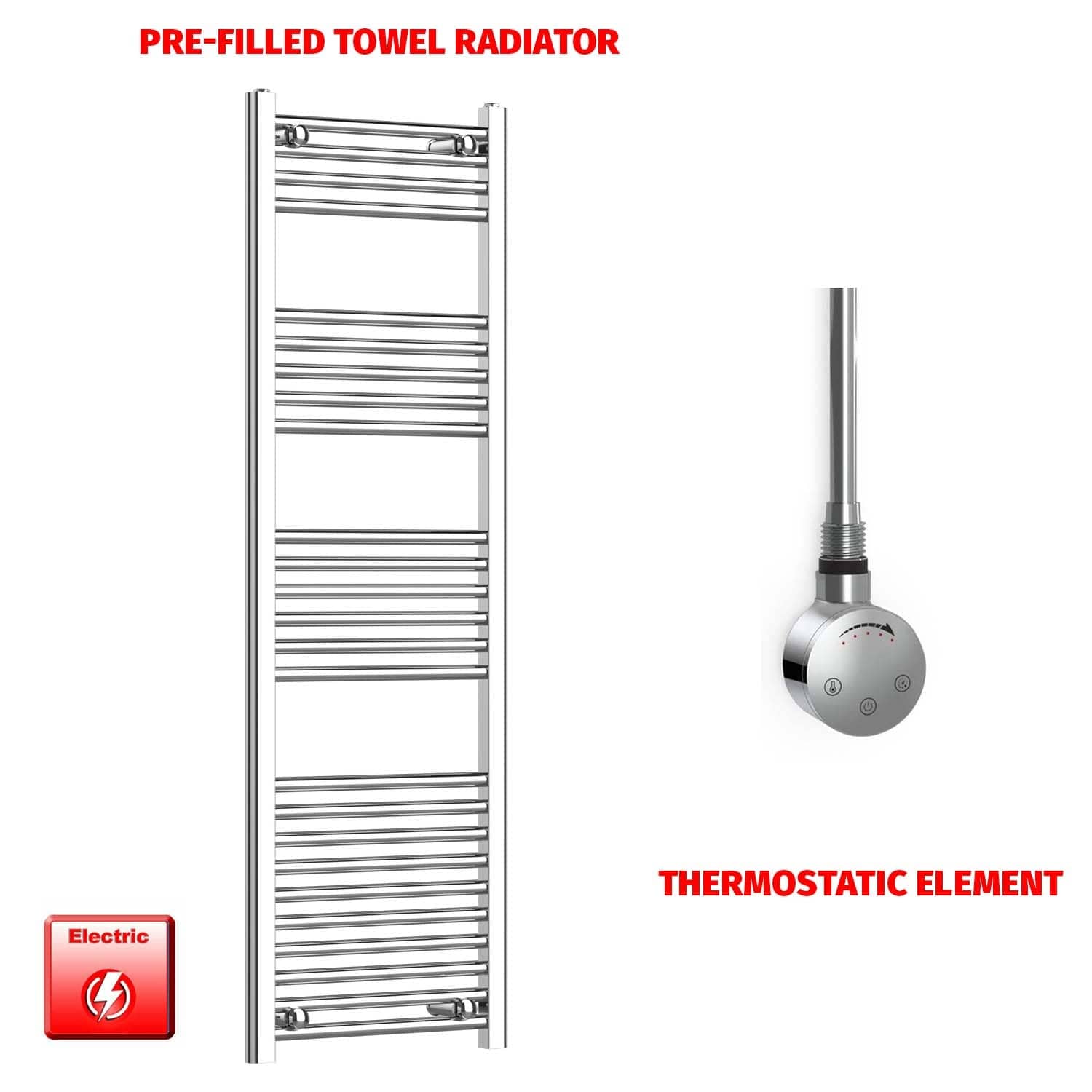 Thermostatic Element 450 x 1400 Flat Chrome Pre-Filled Electric Towel Radiator