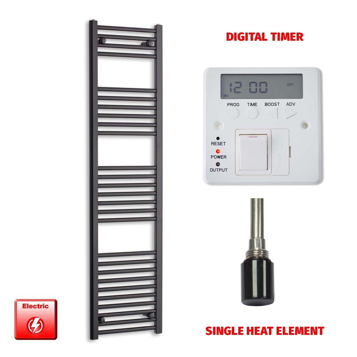 Single Heat Element + Digital Timer 450 x 1600 Flat Black Pre-Filled Electric Heated Towel Rail