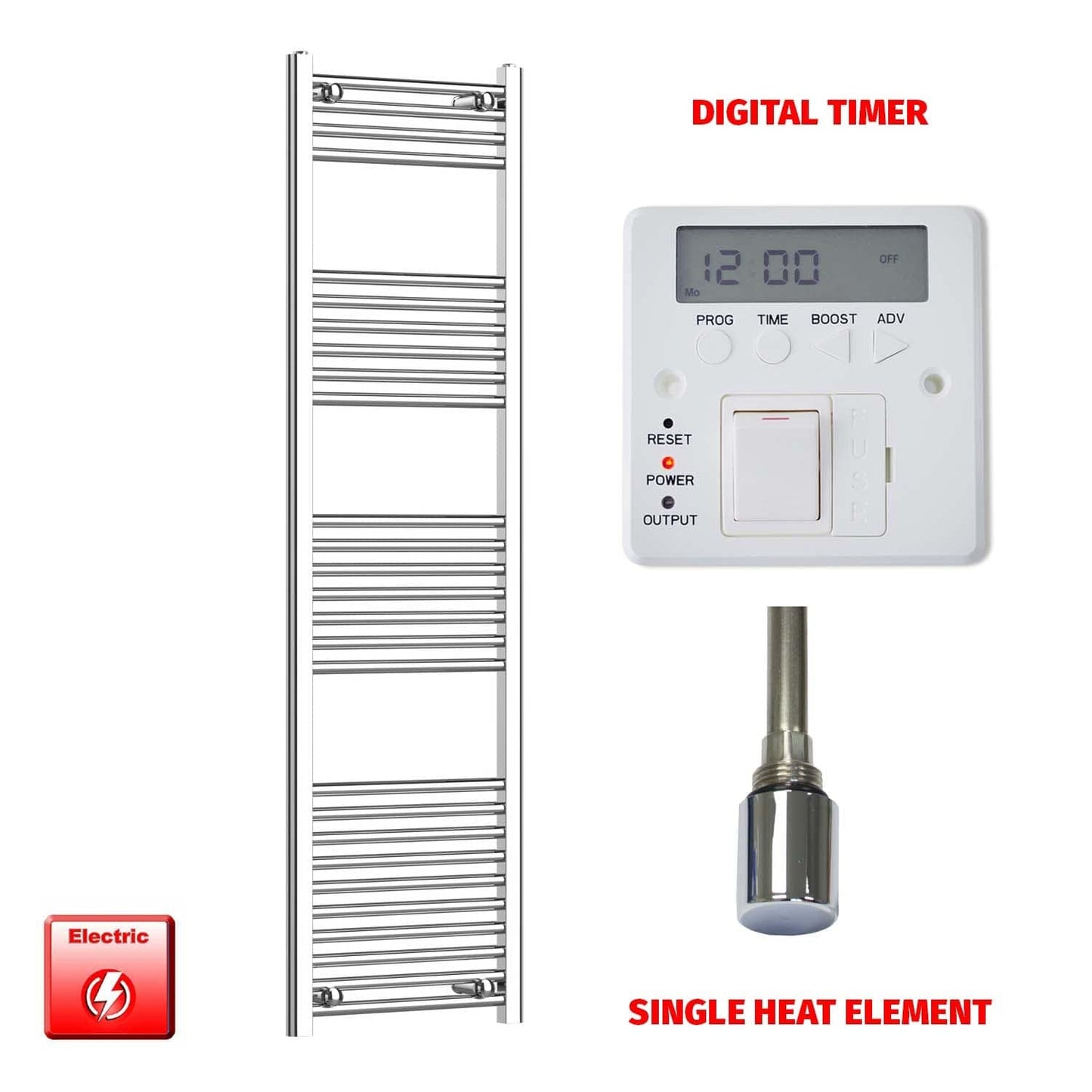 Single Heat Element + Digital Timer 450 x 1600 Flat Chrome Pre-Filled Electric Towel Radiator