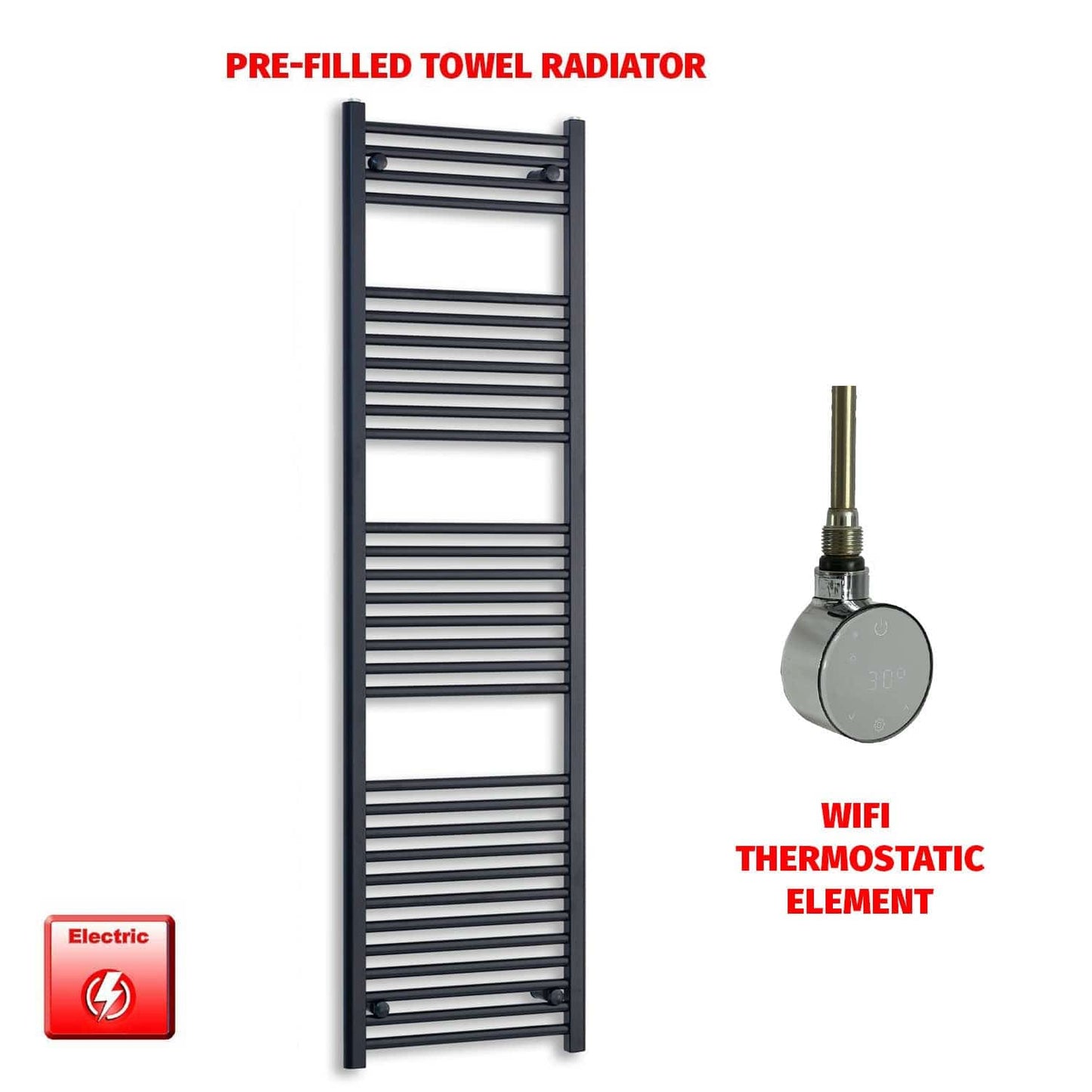 ER-Wifi Thermostatic 450 x 1800 Flat Black Pre-Filled Electric Heated Towel Rail
