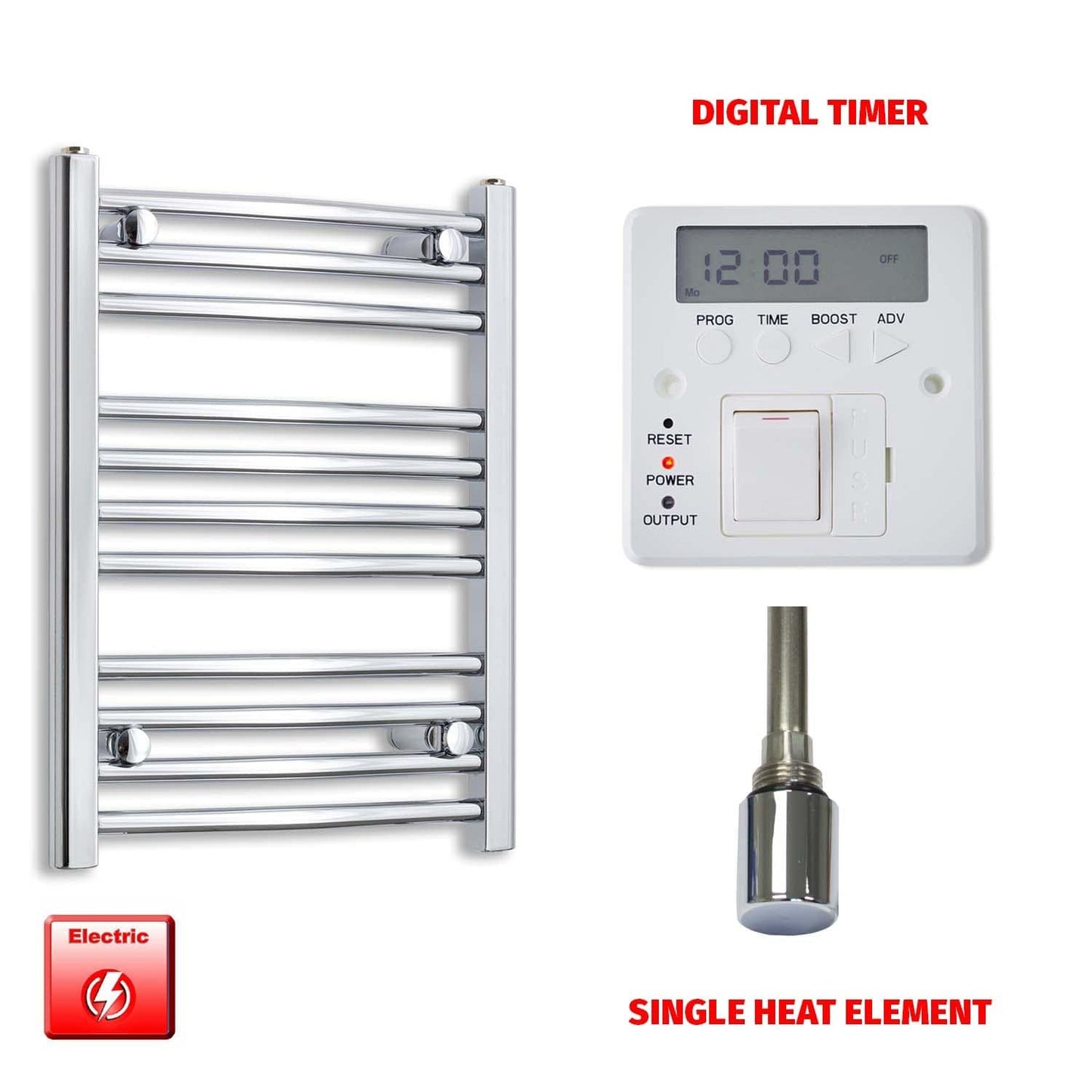 Straight / Single Heat Element + Digital Timer 450 x 600 Flat Chrome Pre-Filled Electric Heated Towel Rail