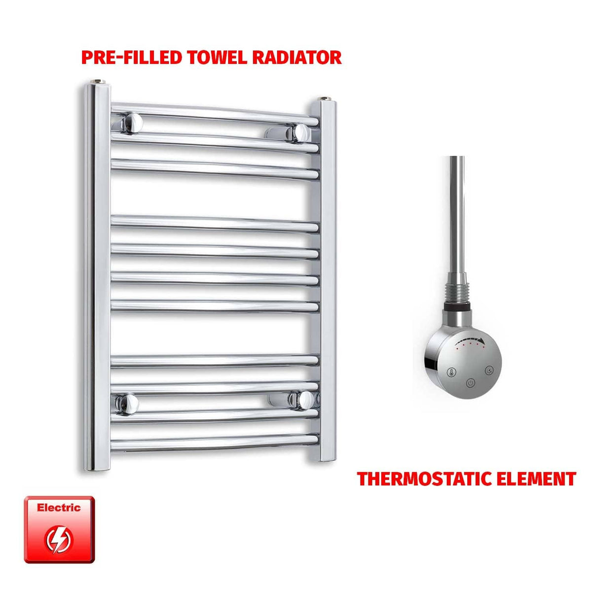 Straight / Thermostatic Element 450 x 600 Flat Chrome Pre-Filled Electric Heated Towel Rail