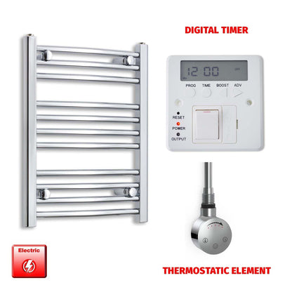 Straight / Thermostatic Element + Digital Timer 450 x 600 Flat Chrome Pre-Filled Electric Heated Towel Rail