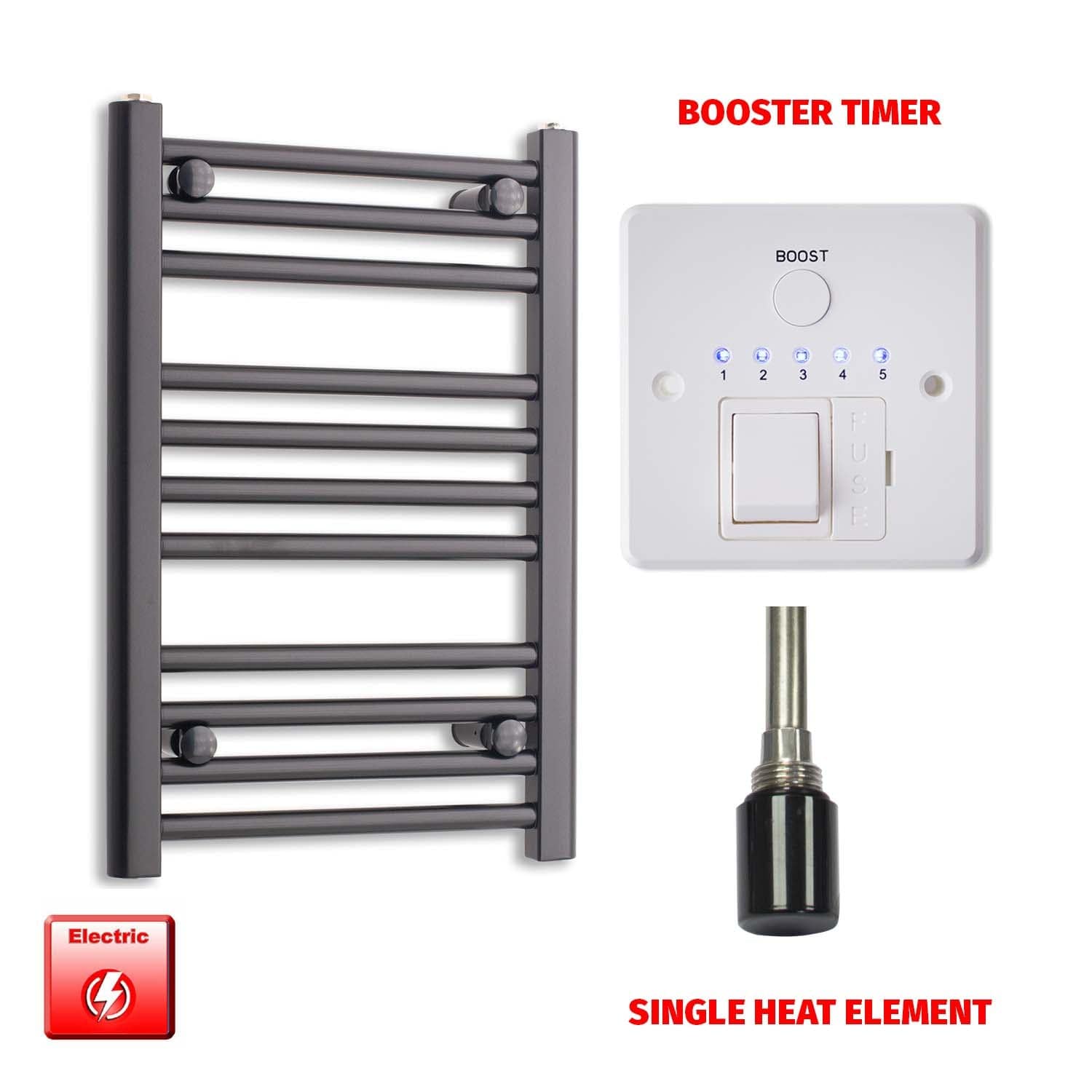 Single Heat Element + Booster Timer 450 x 800 Flat Black Pre-Filled Electric Towel Rail HTR