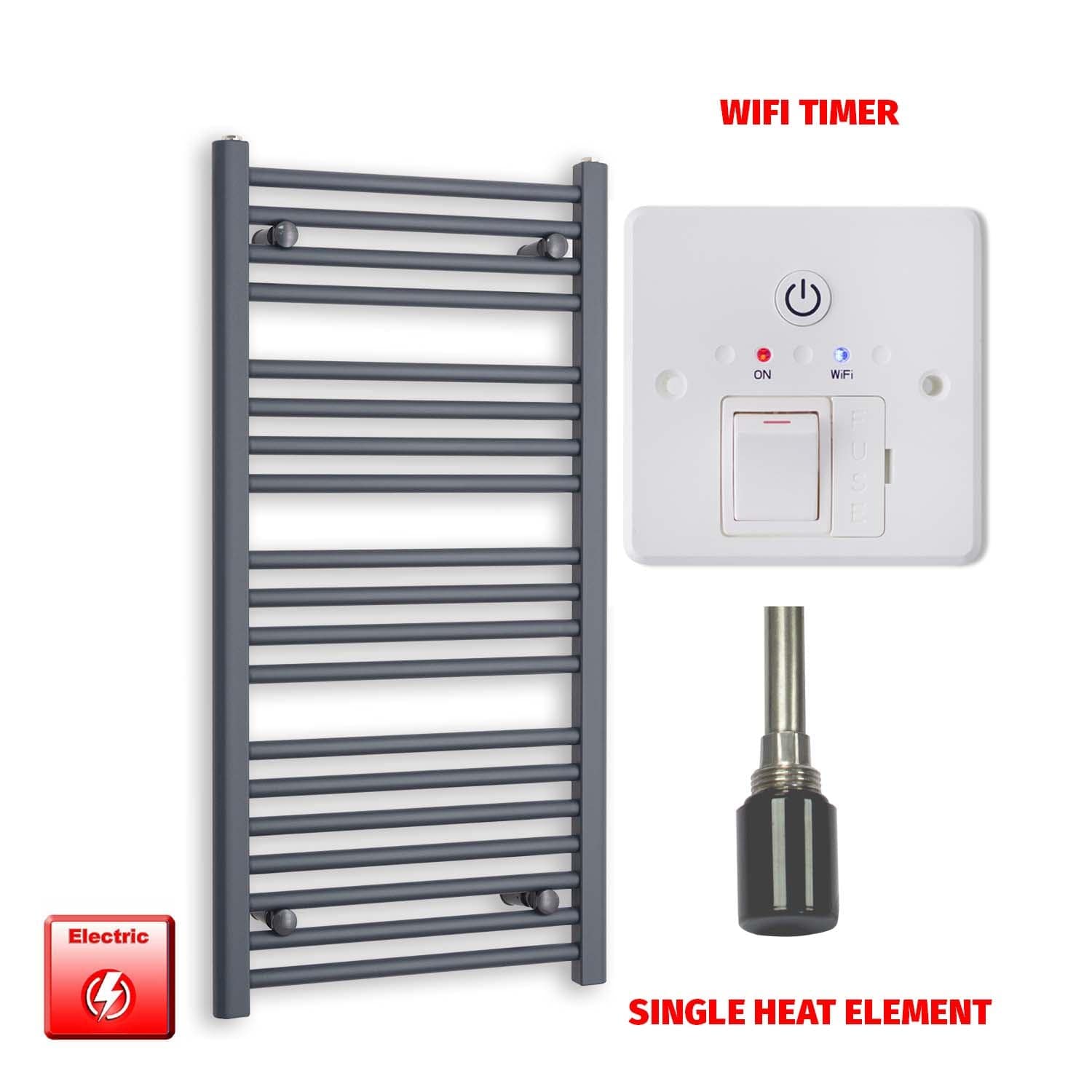 Single Heat Element + Wifi Timer 500 x 1000 Flat Anthracite Pre-Filled Electric Towel Radiator