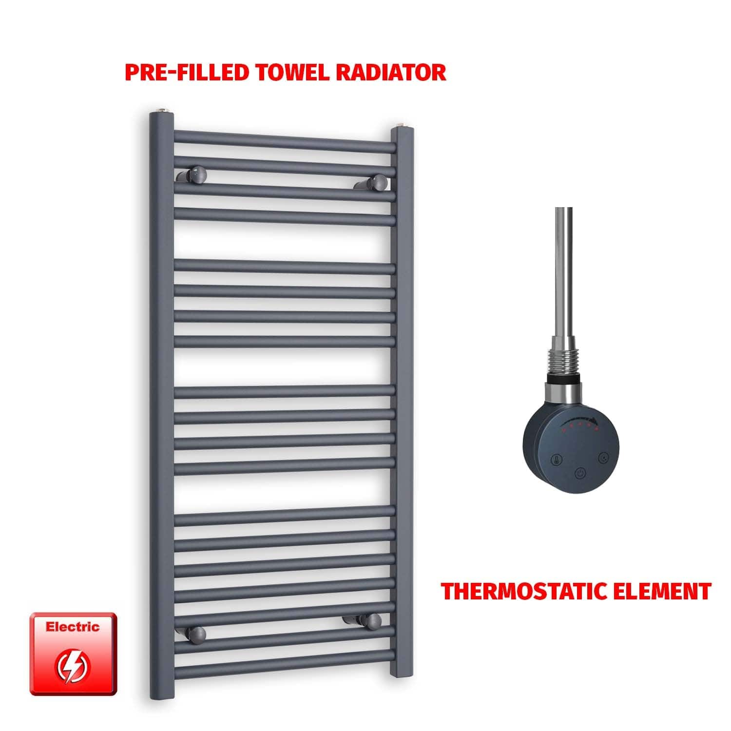 Thermostatic Element 500 x 1000 Flat Anthracite Pre-Filled Electric Towel Radiator