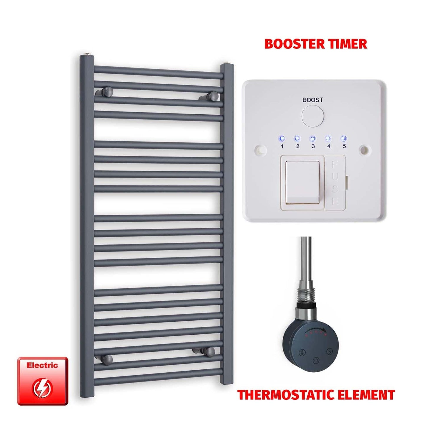 Thermostatic Element + Booster Timer 500 x 1000 Flat Anthracite Pre-Filled Electric Towel Radiator