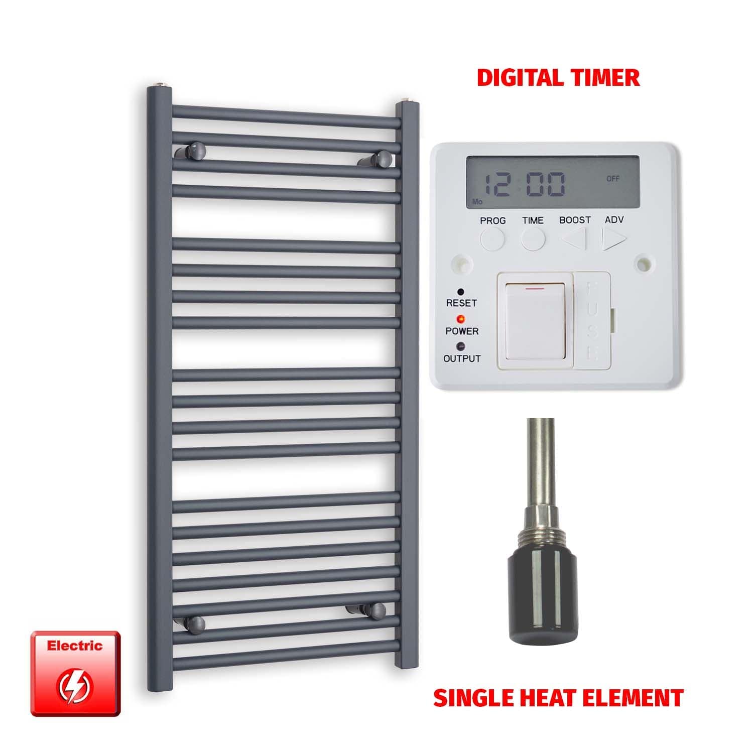 Single Heat Element + Digital Timer 500 x 1000 Flat Anthracite Pre-Filled Electric Towel Radiator