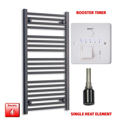 Single Heat Element + Booster Timer 500 x 1000 Flat Black Pre-Filled Electric Towel Radiator HTR