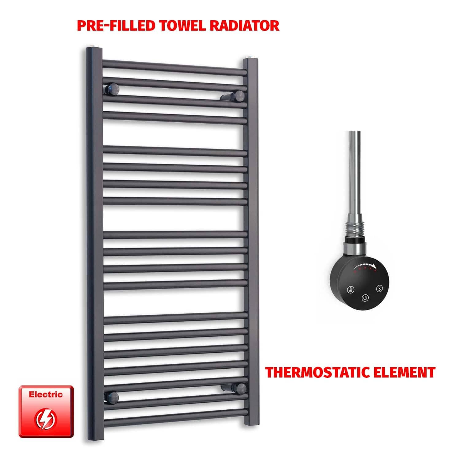 Thermostatic Element 500 x 1000 Flat Black Pre-Filled Electric Towel Radiator HTR