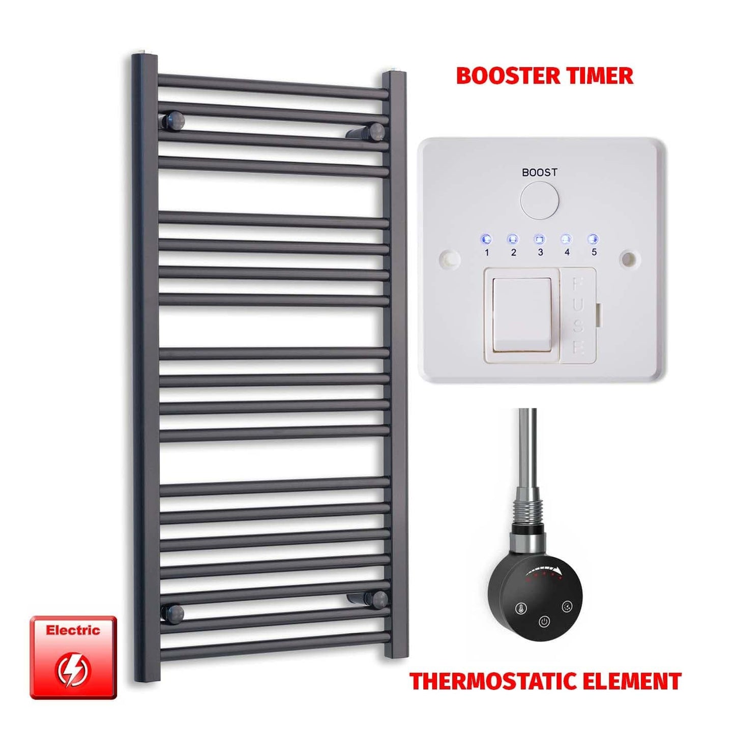 Thermostatic Element + Booster Timer 500 x 1000 Flat Black Pre-Filled Electric Towel Radiator HTR