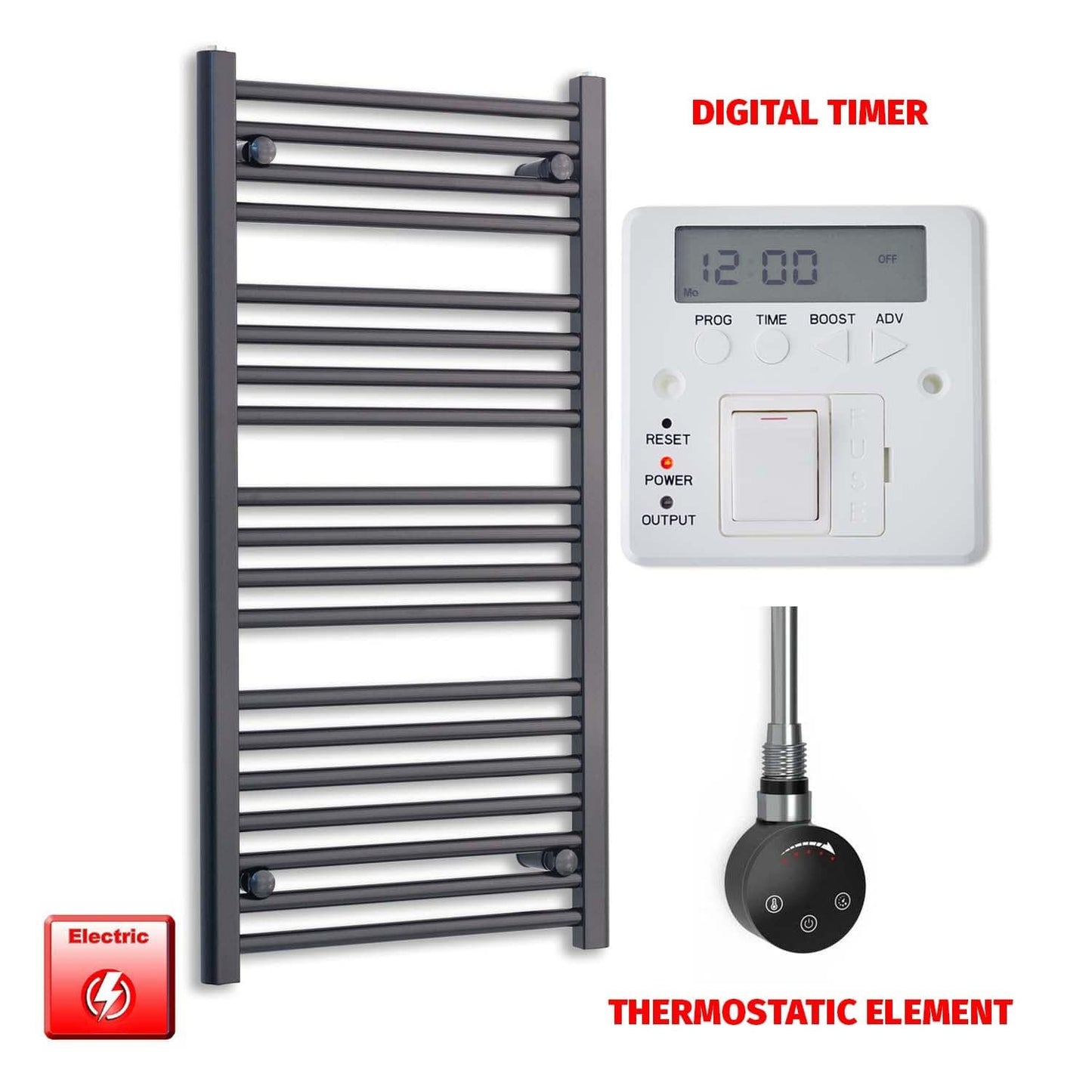 Thermostatic Element + Digital Timer 500 x 1000 Flat Black Pre-Filled Electric Towel Radiator HTR