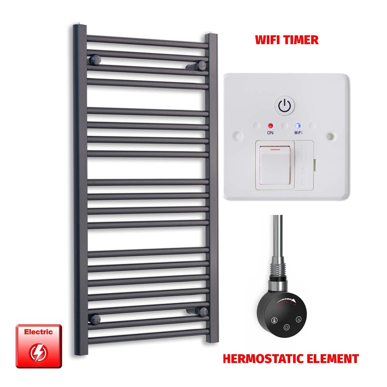 Thermostatic Element + Wifi Timer 500 x 1000 Flat Black Pre-Filled Electric Towel Radiator HTR