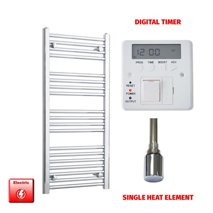 Straight / Single Heat Element + Digital Timer 500 x 1000 Flat Chrome Pre-Filled Electric Towel Radiator
