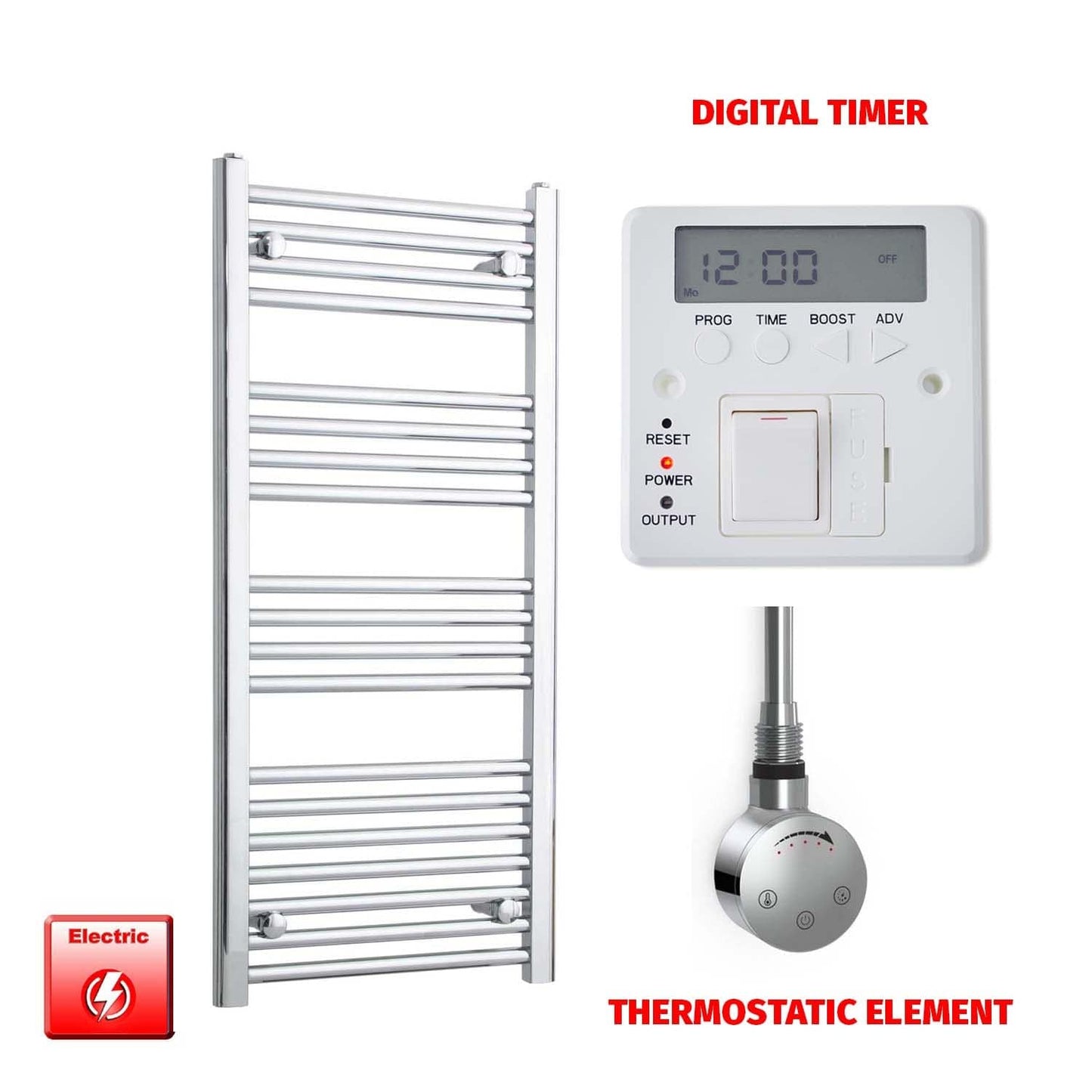 Straight / Thermostatic Element + Digital Timer 500 x 1000 Flat Chrome Pre-Filled Electric Towel Radiator