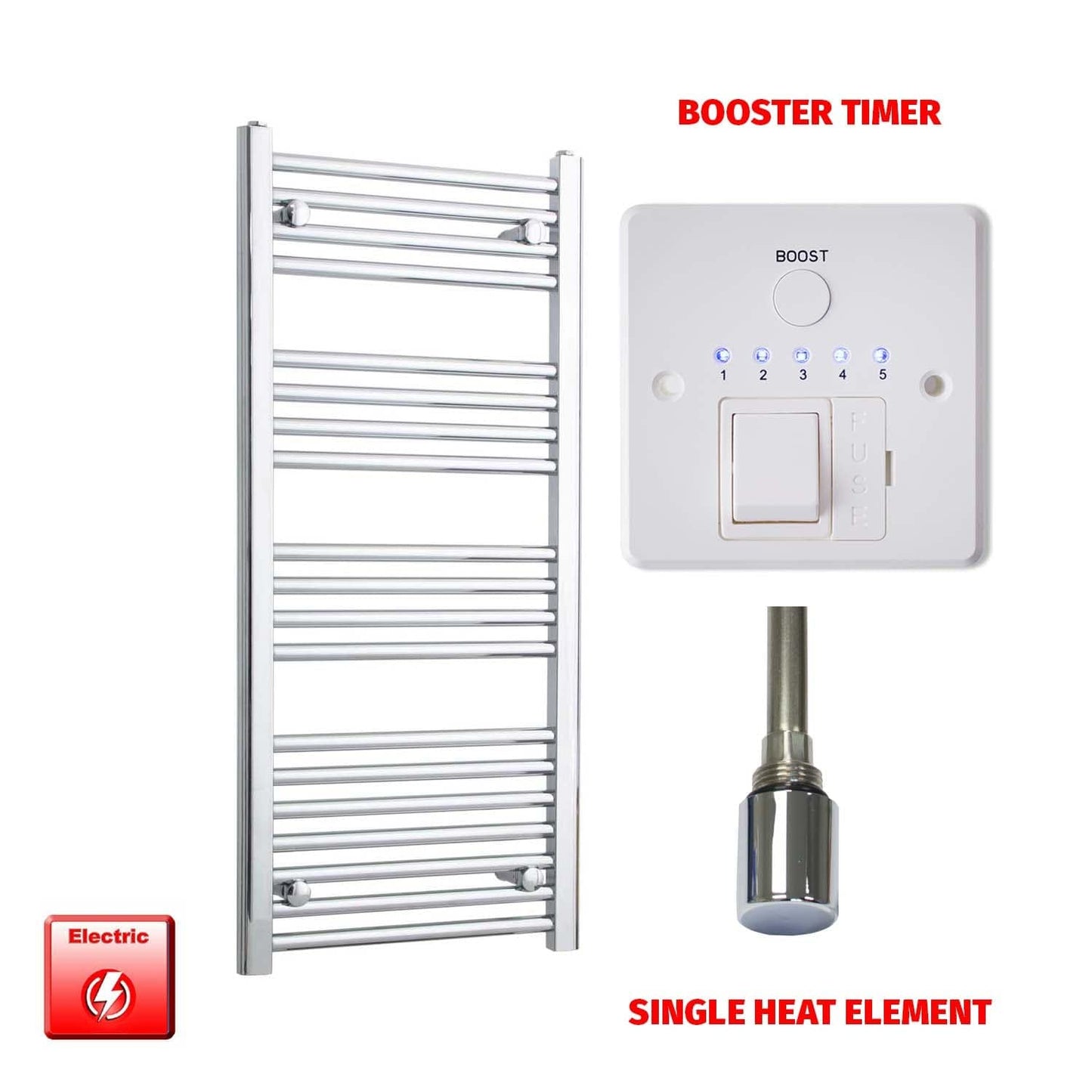 Straight / Single Heat Element + Booster Timer 500 x 1000 Flat Chrome Pre-Filled Electric Towel Radiator