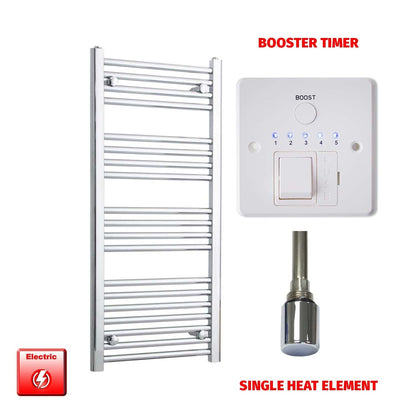 Straight / Single Heat Element + Booster Timer 500 x 1000 Flat Chrome Pre-Filled Electric Towel Radiator