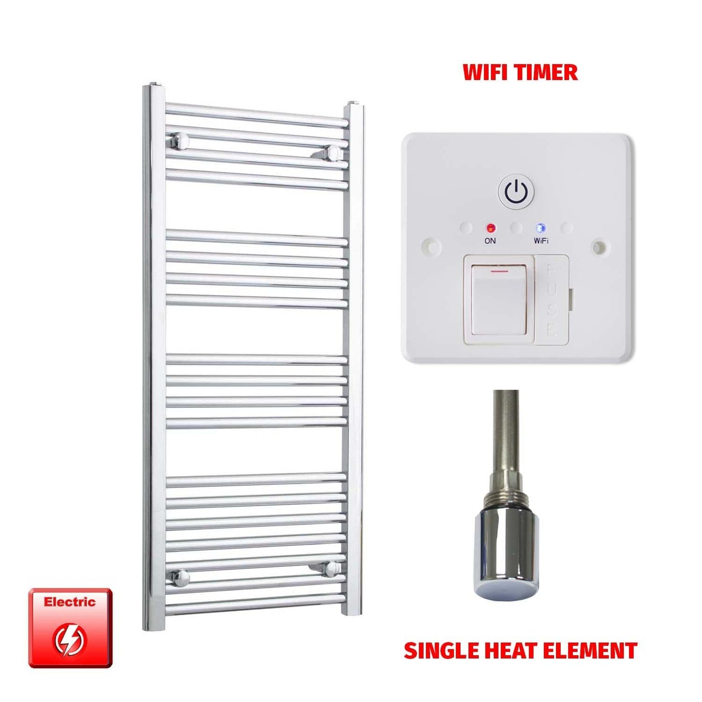 Straight / Single Heat Element + Wifi Timer 500 x 1000 Flat Chrome Pre-Filled Electric Towel Radiator