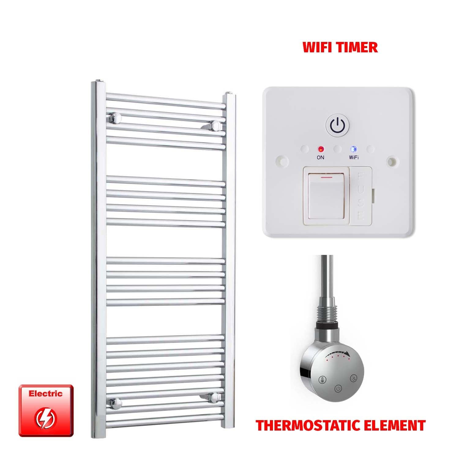 Straight / Thermostatic Element + Wifi Timer 500 x 1000 Flat Chrome Pre-Filled Electric Towel Radiator
