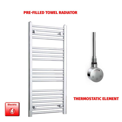 Straight / Thermostatic Element 500 x 1000 Flat Chrome Pre-Filled Electric Towel Radiator