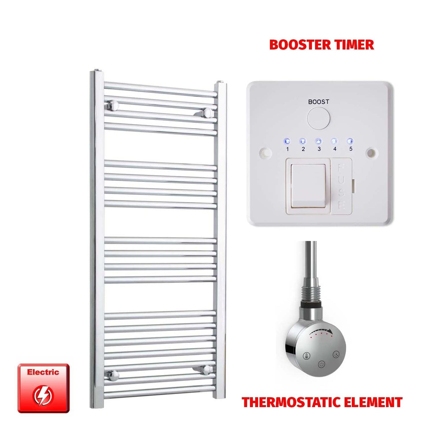 Straight / Thermostatic Element + Booster Timer 500 x 1000 Flat Chrome Pre-Filled Electric Towel Radiator