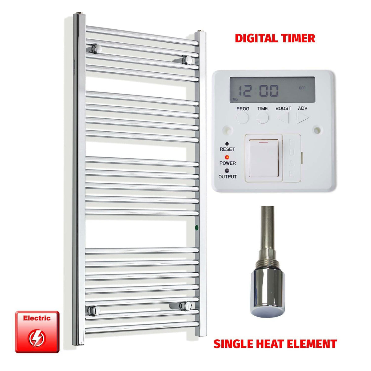 Single Heat Element + Digital Timer 500 x 1100 Pre-Filled Electric Heated Towel Radiator Chrome