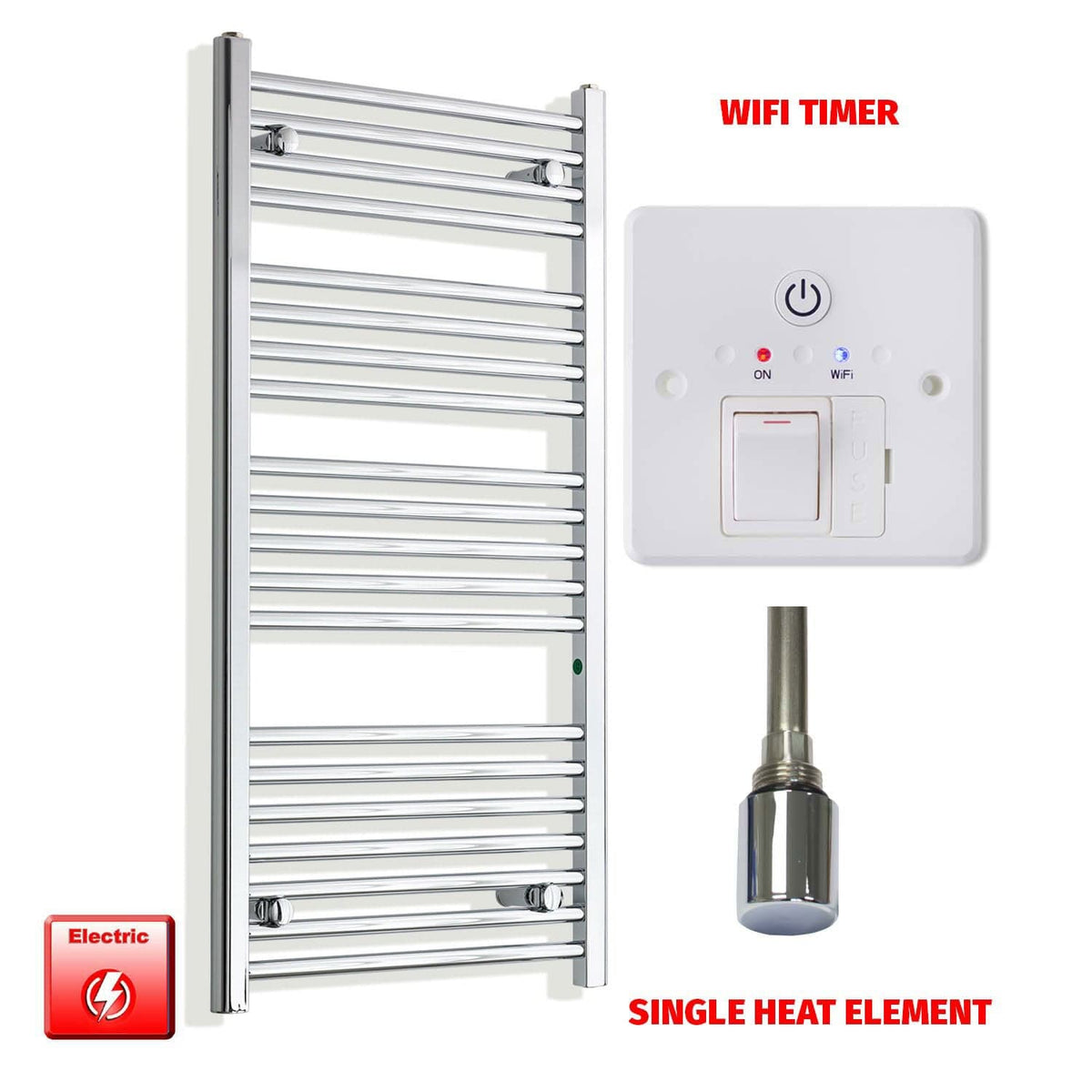 Single Heat Element + Wifi Timer 500 x 1100 Pre-Filled Electric Heated Towel Radiator Chrome