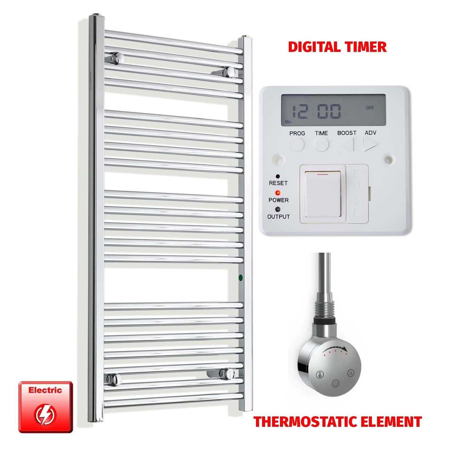 Thermostatic Element + Digital Timer 500 x 1100 Pre-Filled Electric Heated Towel Radiator Chrome
