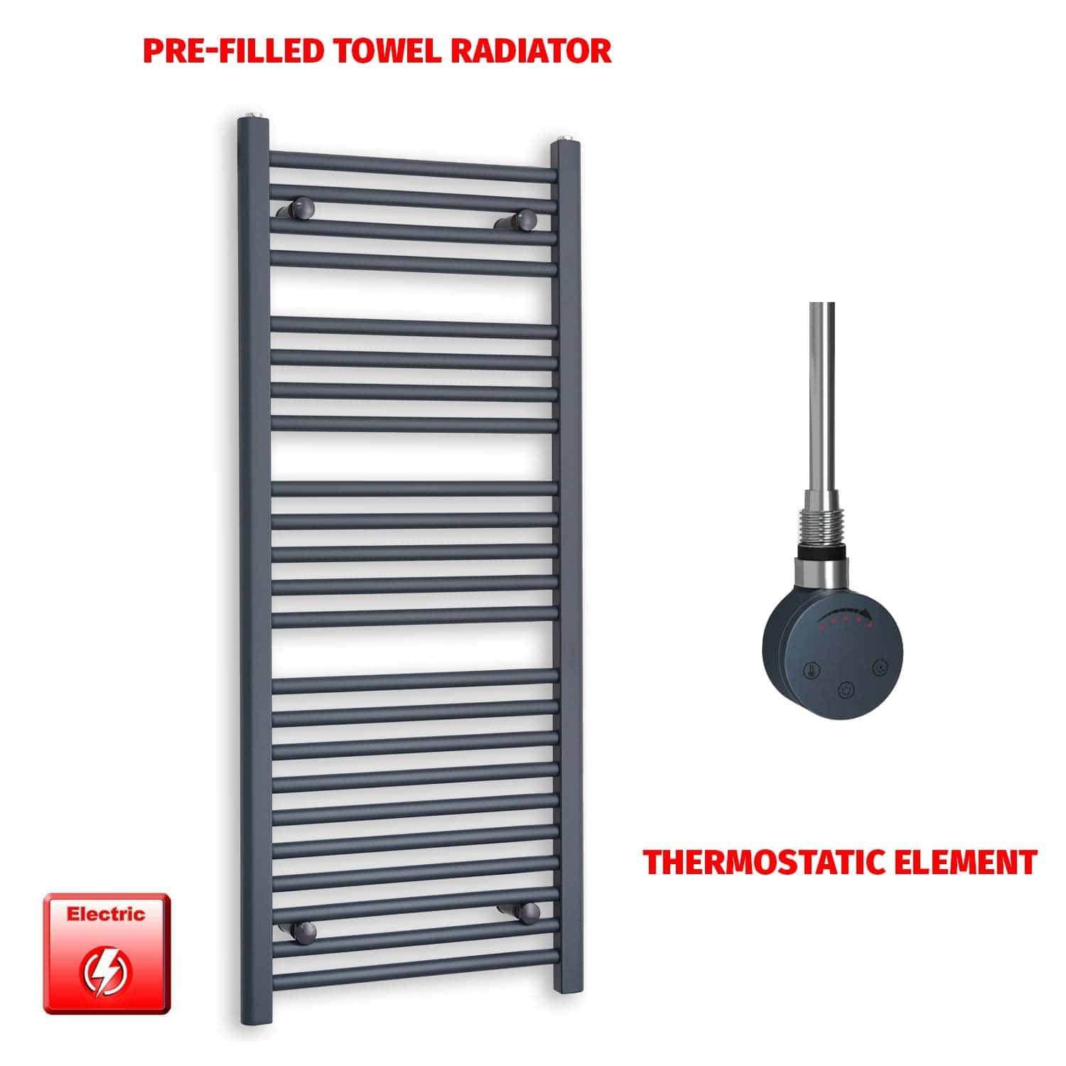Thermostatic Element 500 x 1200 Flat Anthracite Pre-Filled Electric Towel Rail