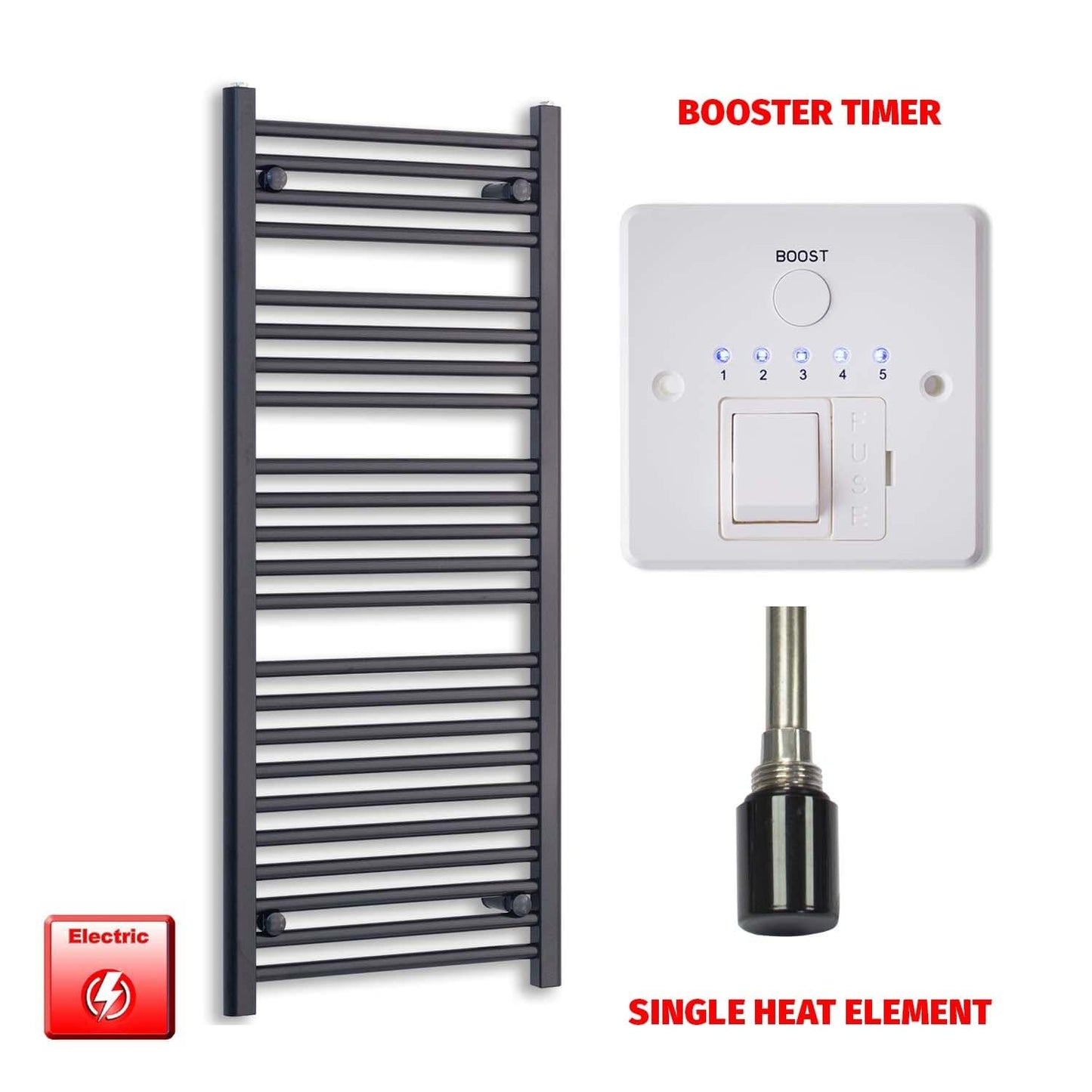 Single Heat Element + Booster Timer 500 x 1200 Flat Black Pre-Filled Electric Heated Towel Rail