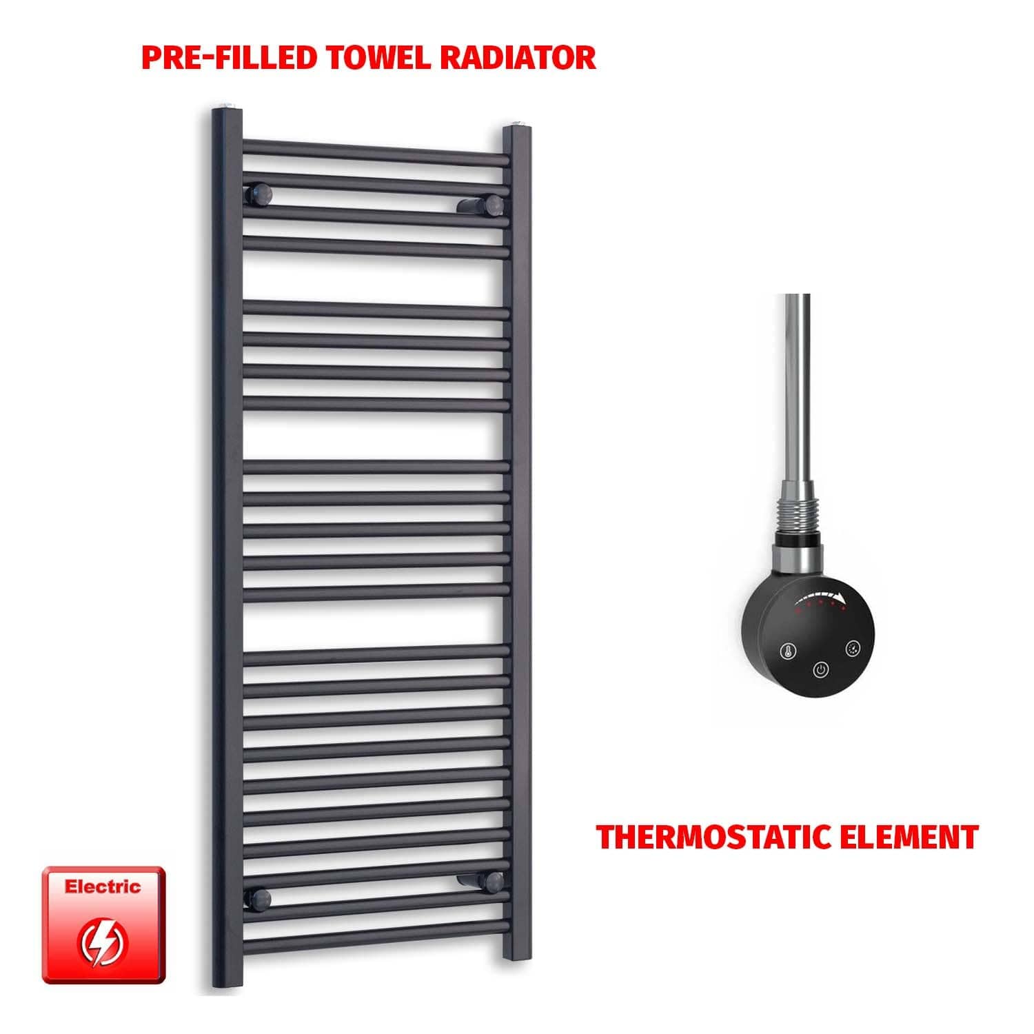 Thermostatic Element 500 x 1200 Flat Black Pre-Filled Electric Heated Towel Rail