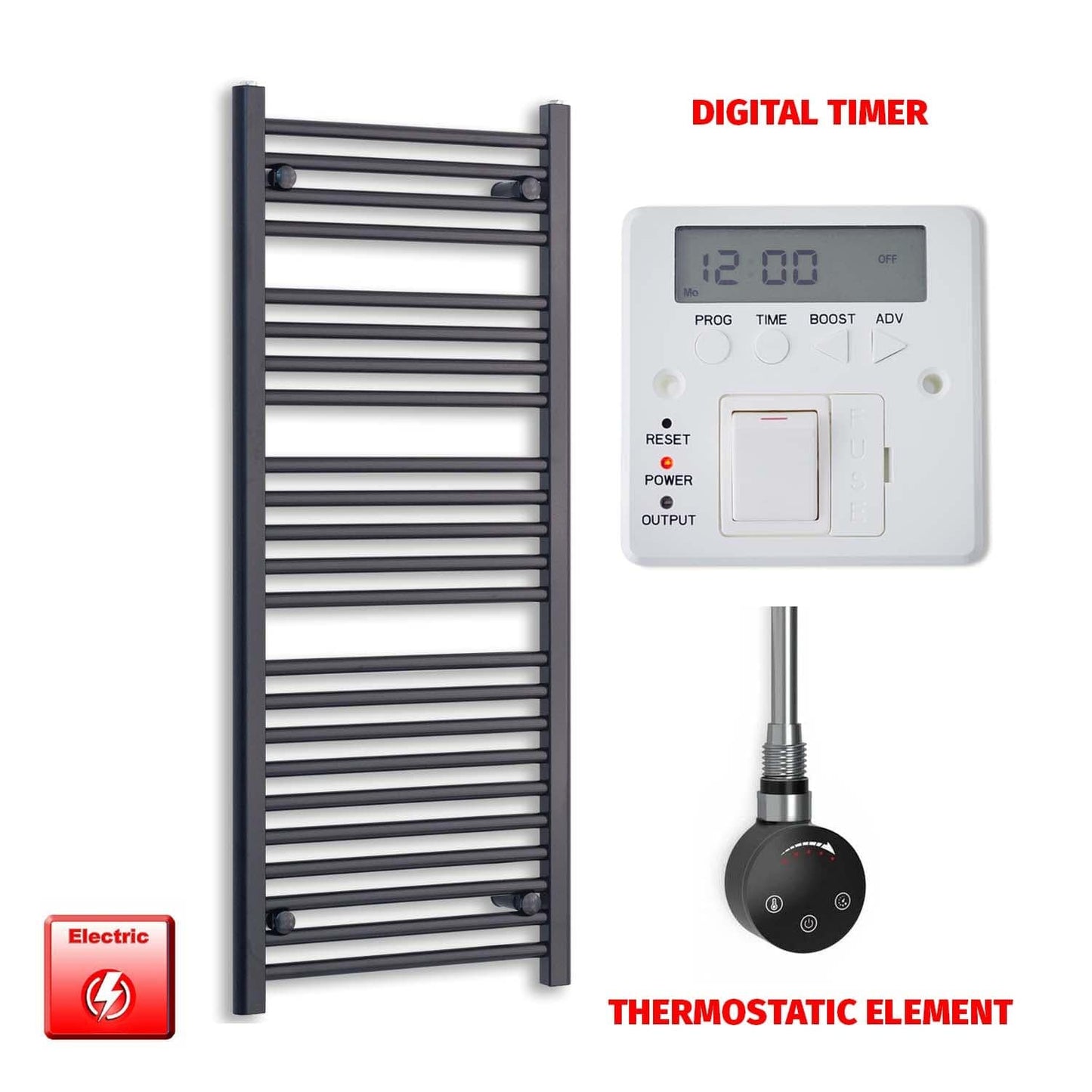 Thermostatic Element + Digital Timer 500 x 1200 Flat Black Pre-Filled Electric Heated Towel Rail