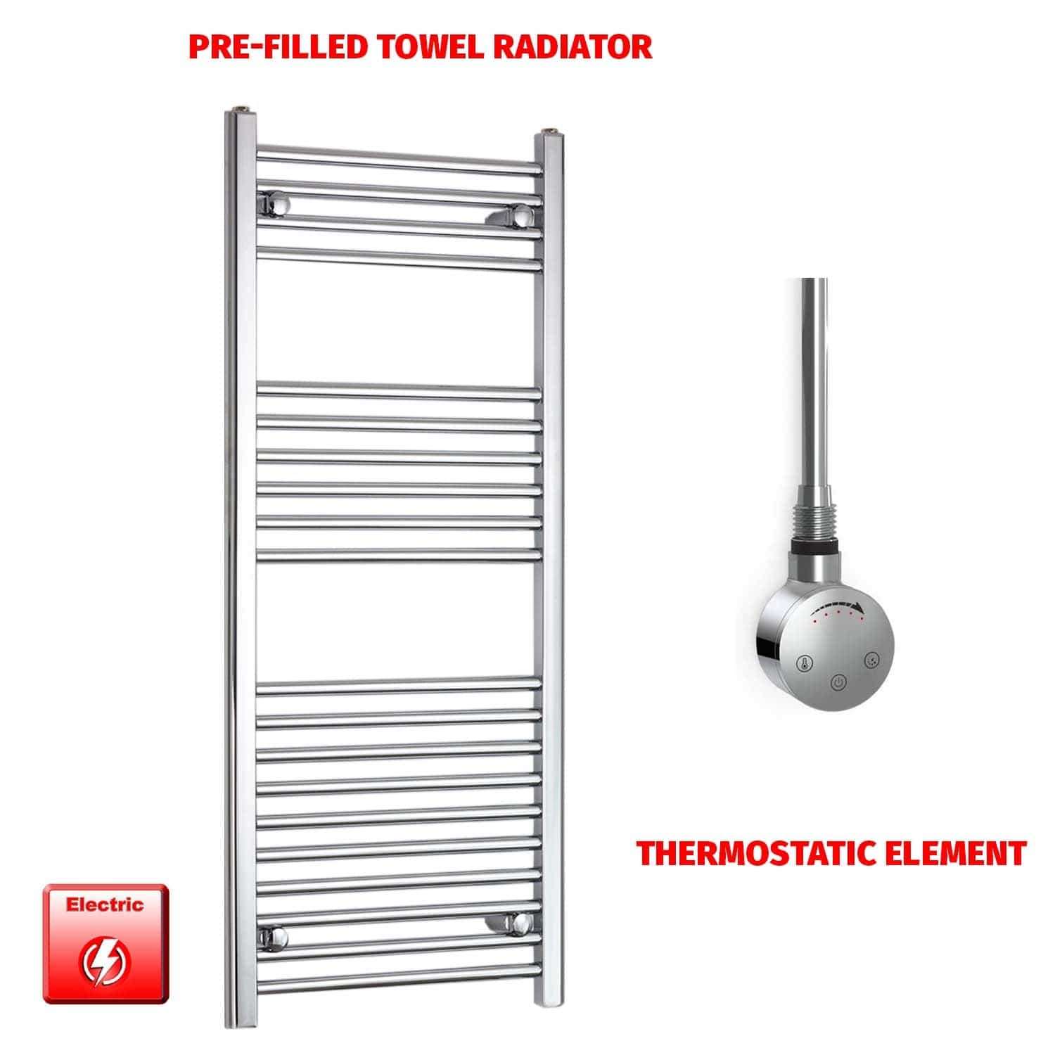 Straight / Thermostatic Element 500 x 1200 Flat Chrome Pre-Filled Electric Heated Towel Rail