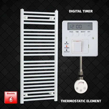 Thermostatic Element + Digital Timer 500 x 1200 Flat White Pre-Filled Electric Heated Towel Rail