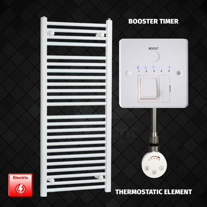 Thermostatic Element + Booster Timer 500 x 1200 Flat White Pre-Filled Electric Heated Towel Rail