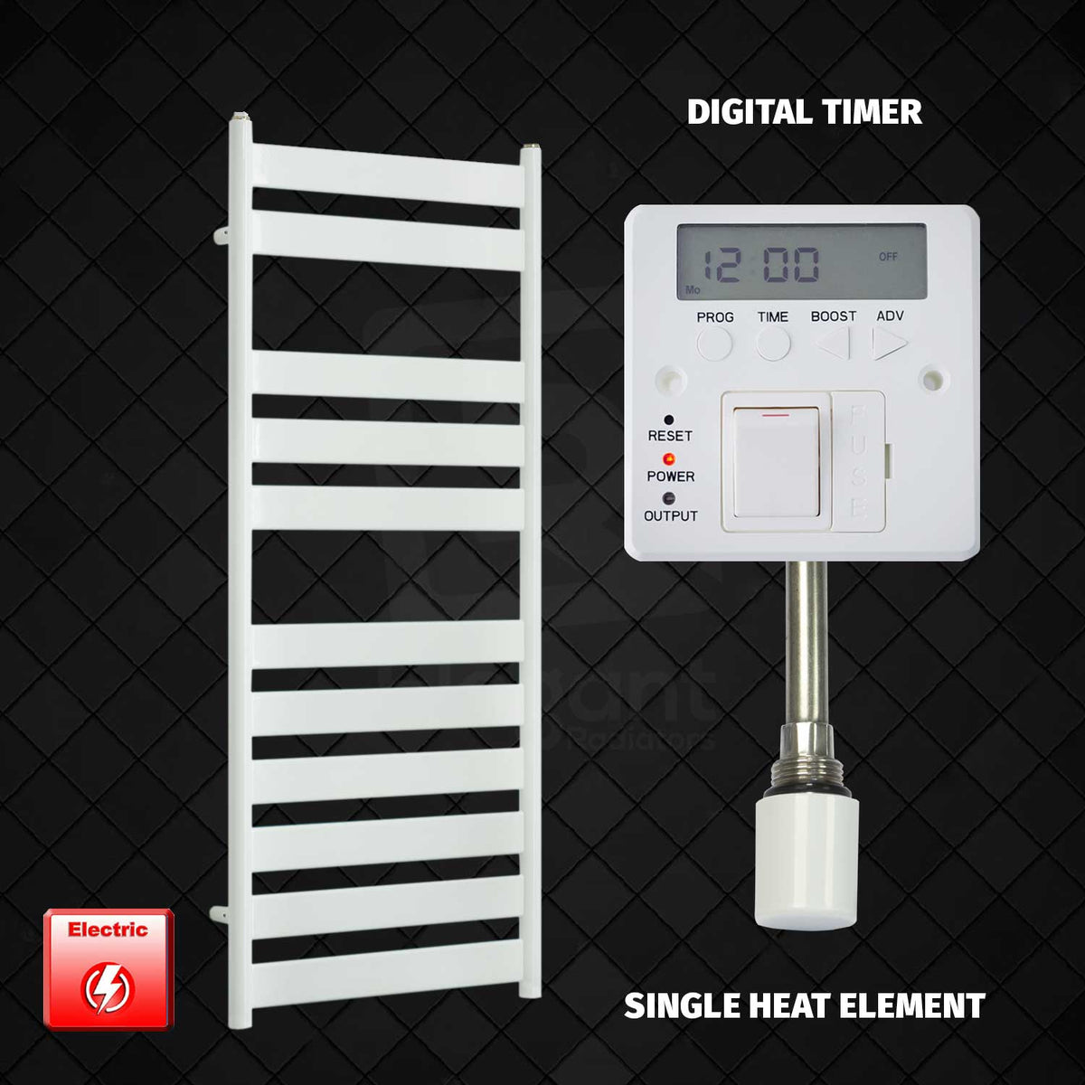 Single Heat Element + Digital Timer 500 x 1200 White Flat Panel Pre-Filled Electric Towel Radiator