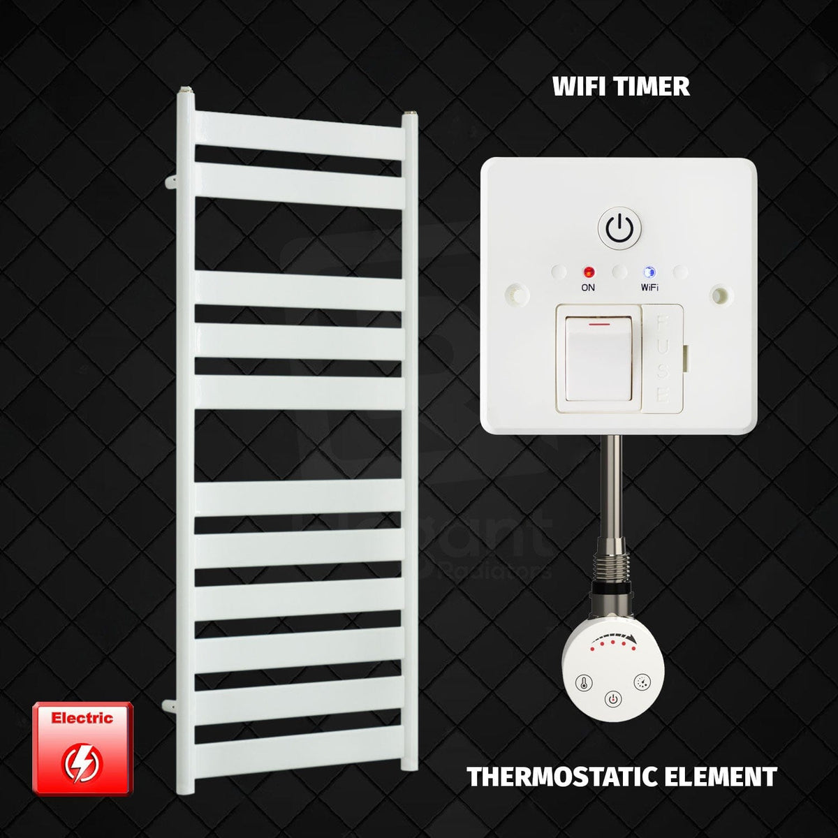 Thermostatic Element + Wifi Timer 500 x 1200 White Flat Panel Pre-Filled Electric Towel Radiator