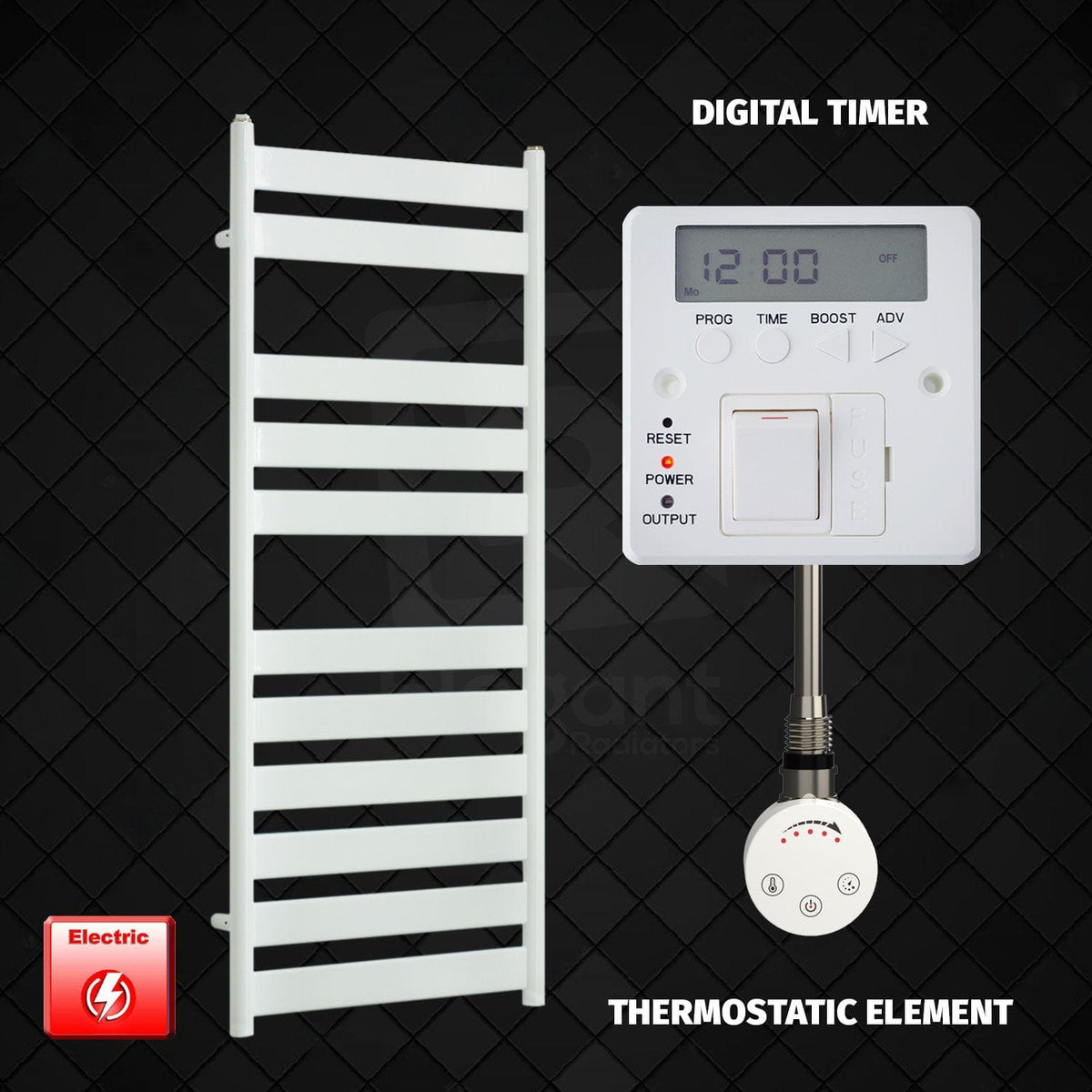 Thermostatic Element + Digital Timer 500 x 1200 White Flat Panel Pre-Filled Electric Towel Radiator