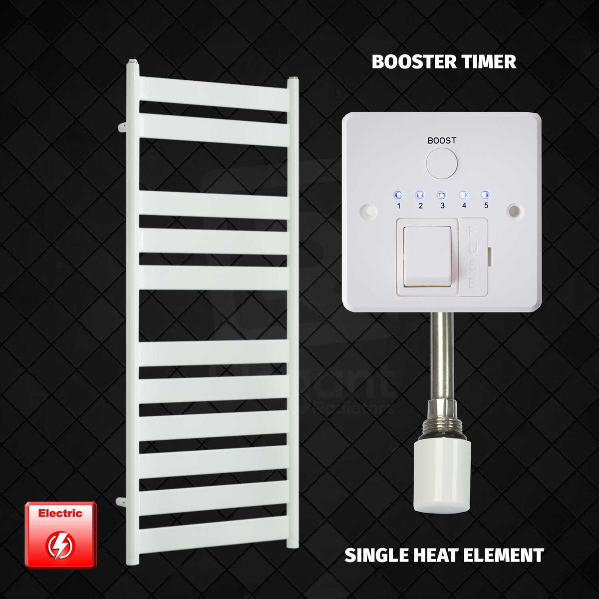 Single Heat Element + Booster Timer 500 x 1200 White Flat Panel Pre-Filled Electric Towel Radiator