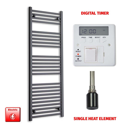 Single Heat Element + Digital Timer 500 x 1400 Flat Black Pre-Filled Electric Heated Towel Rail