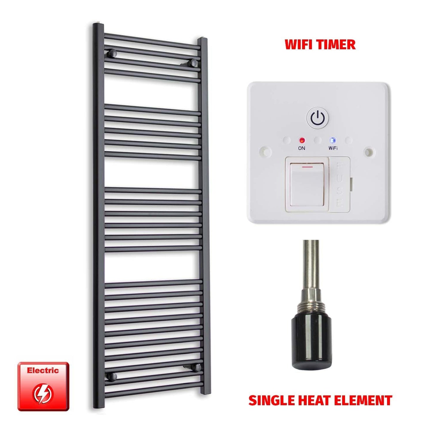 Single Heat Element + Wifi Timer 500 x 1400 Flat Black Pre-Filled Electric Heated Towel Rail