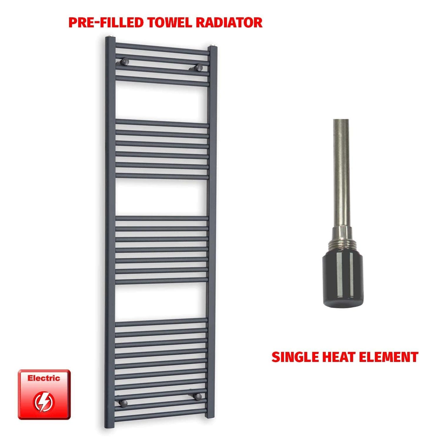 Single Heat Element 500 x 1600 Flat Anthracite Pre-Filled Electric Towel Rail