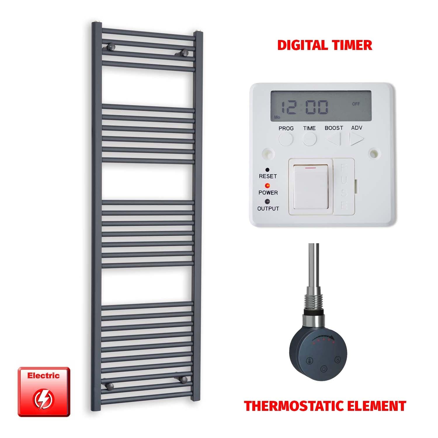 Thermostatic Element + Digital Timer 500 x 1600 Flat Anthracite Pre-Filled Electric Towel Rail