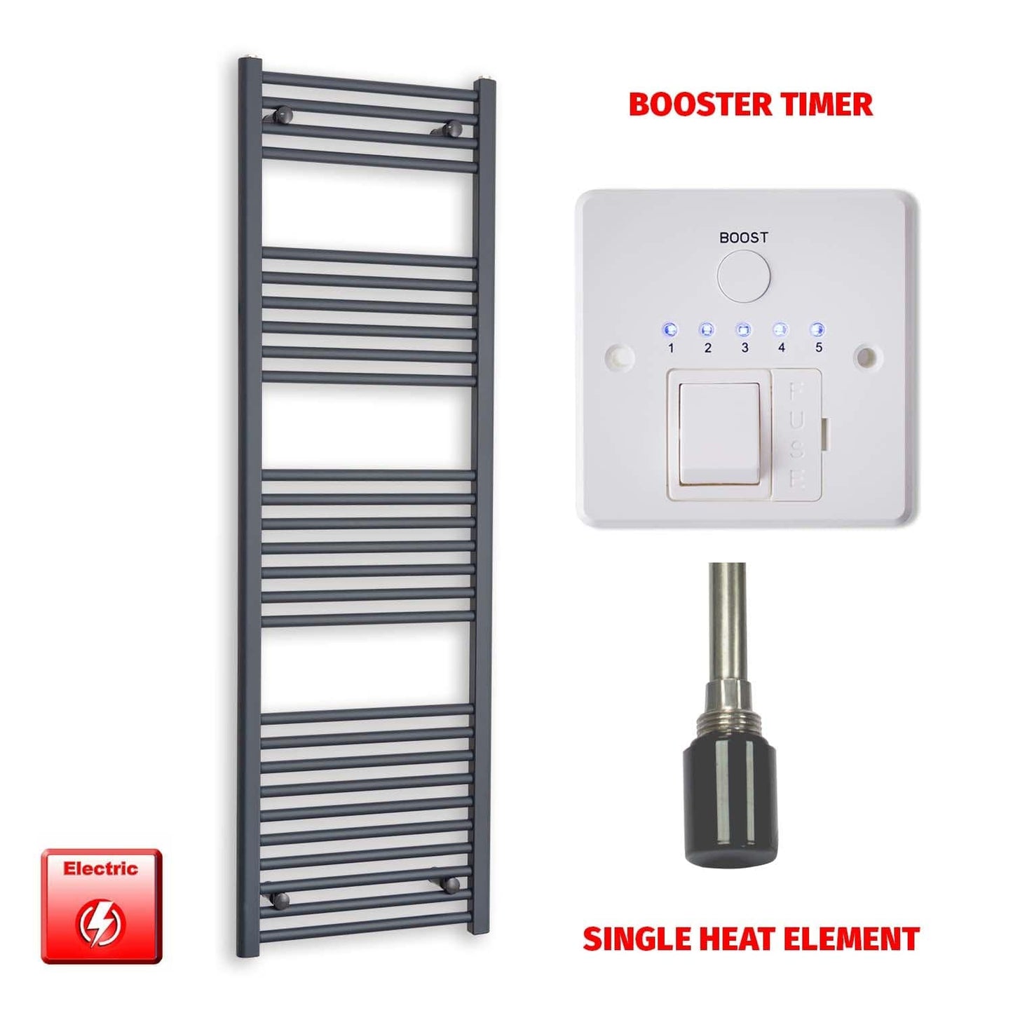 Single Heat Element + Booster Timer 500 x 1600 Flat Anthracite Pre-Filled Electric Towel Rail