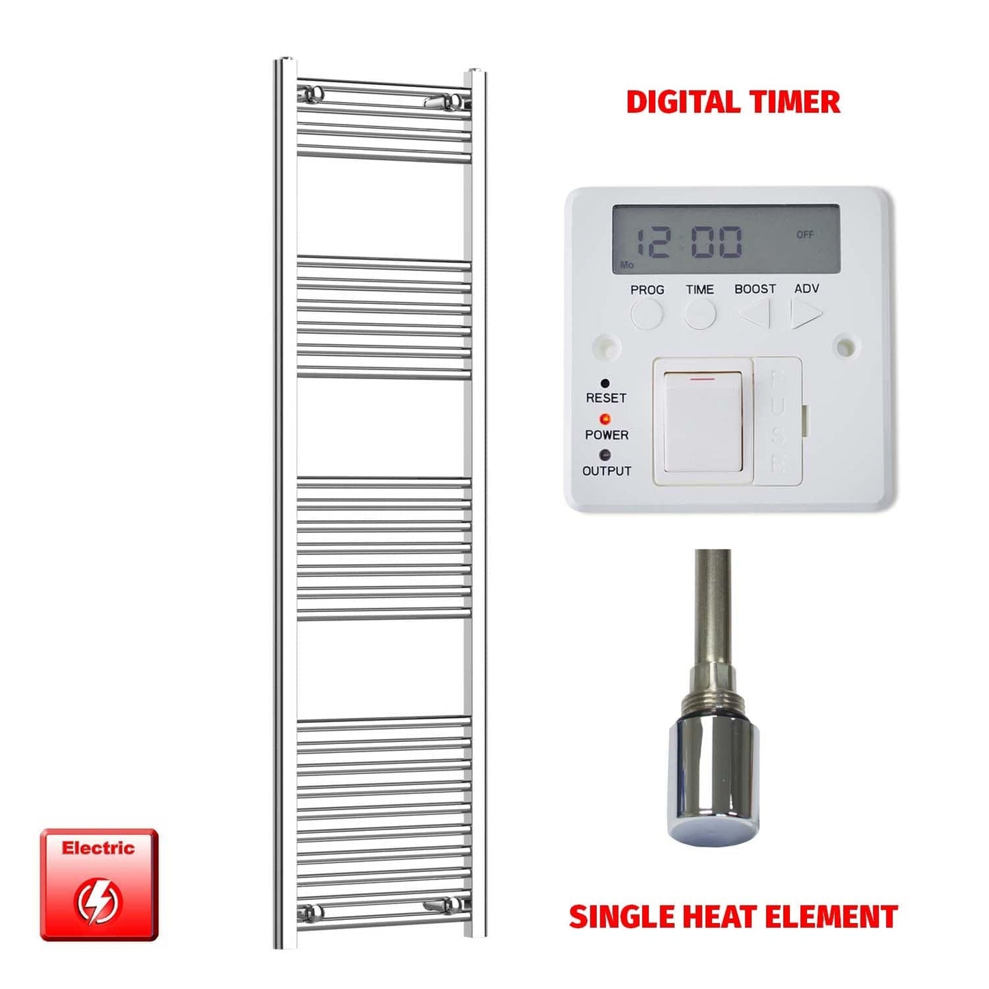 Straight / Single Heat Element + Digital Timer 500 x 1600 Flat Chrome Pre-Filled Electric Heated Towel Rail