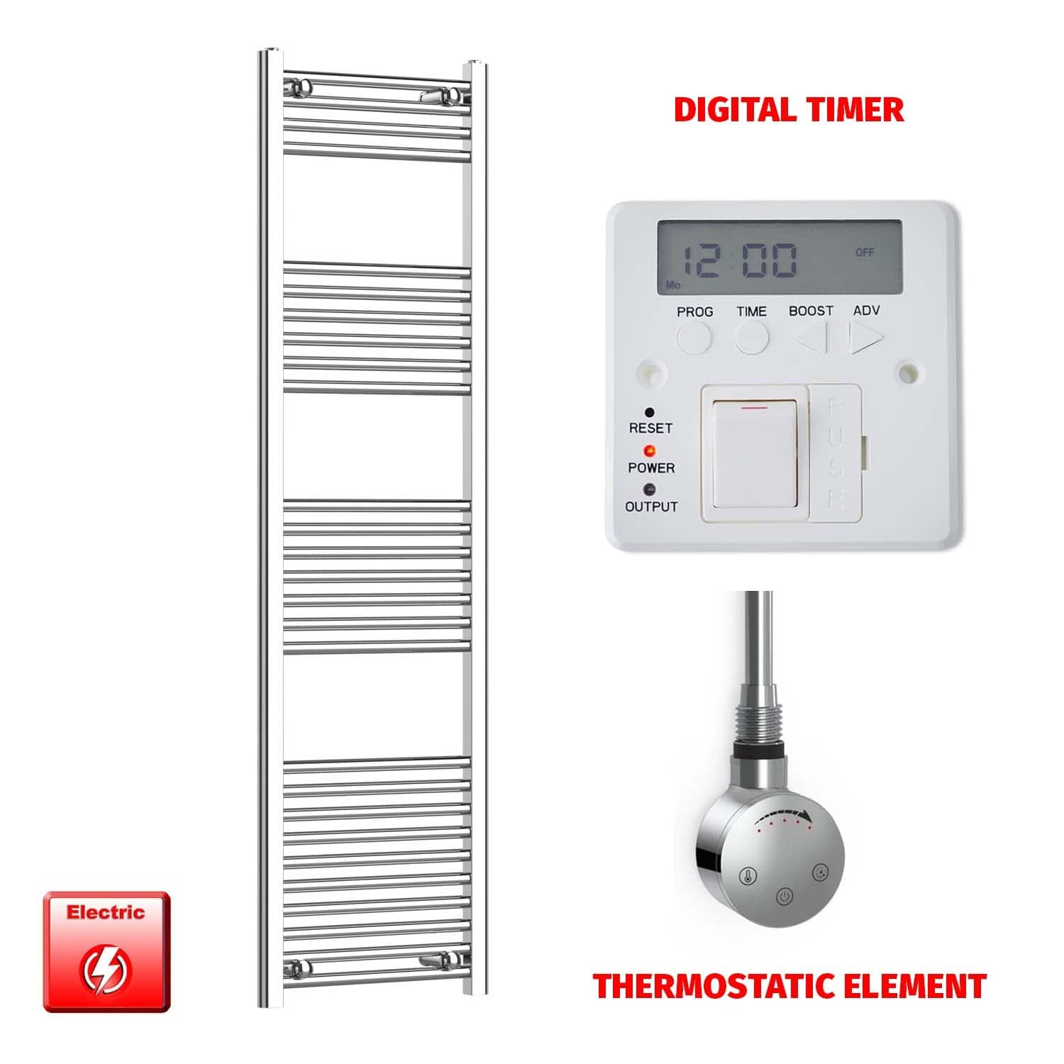 Straight / Thermostatic Element + Digital Timer 500 x 1600 Flat Chrome Pre-Filled Electric Heated Towel Rail