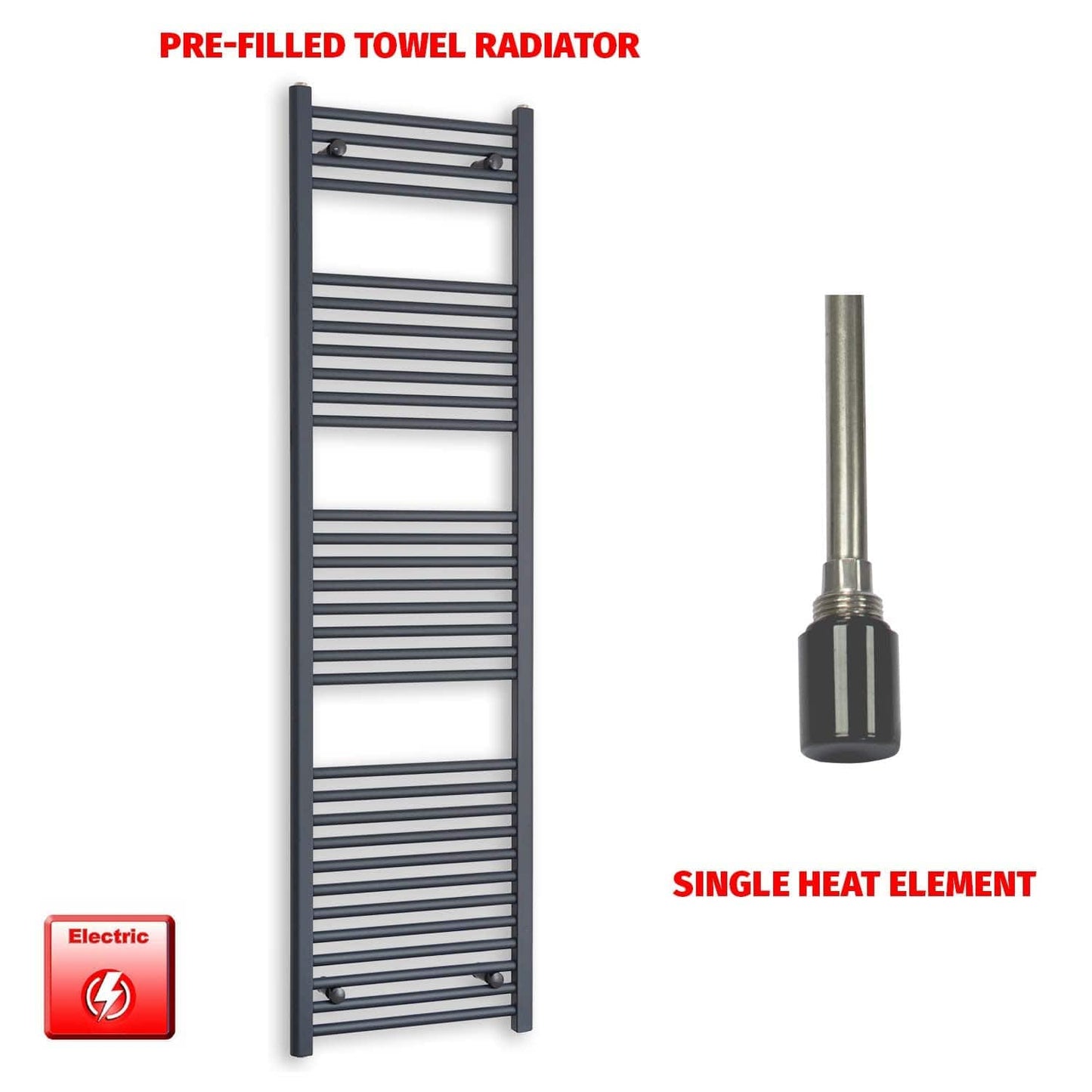 Single Heat Element 500 x 1800 Flat Anthracite Pre-Filled Electric Towel Rail