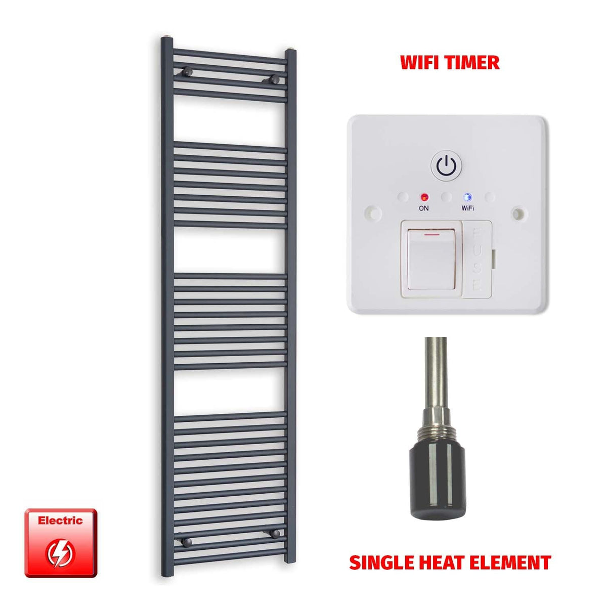 Single Heat Element + Wifi Timer 500 x 1800 Flat Anthracite Pre-Filled Electric Towel Rail