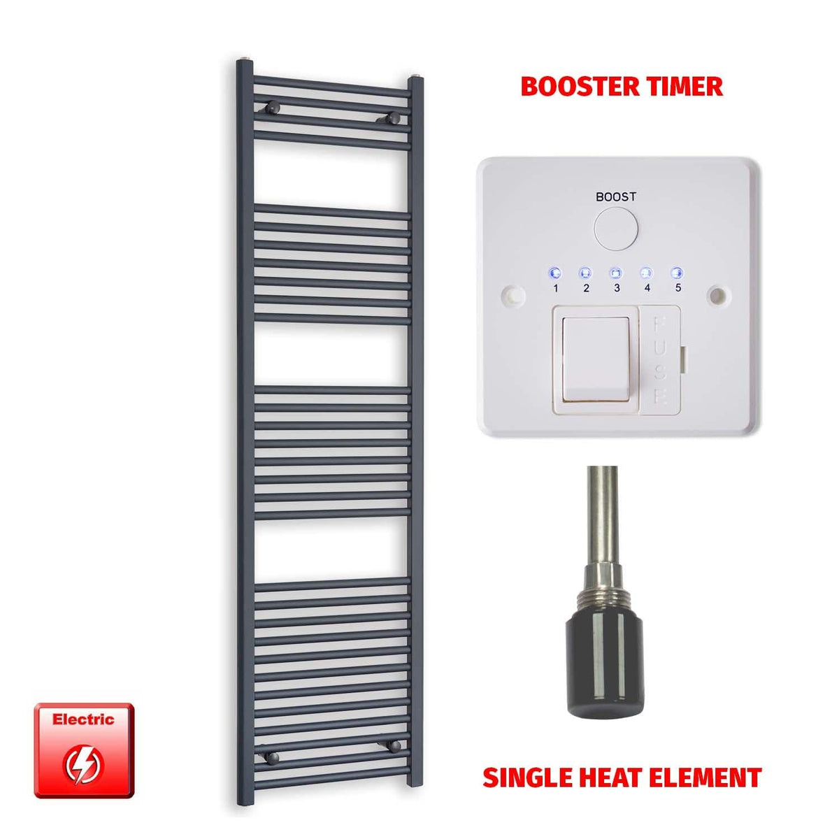 Single Heat Element + Booster Timer 500 x 1800 Flat Anthracite Pre-Filled Electric Towel Rail
