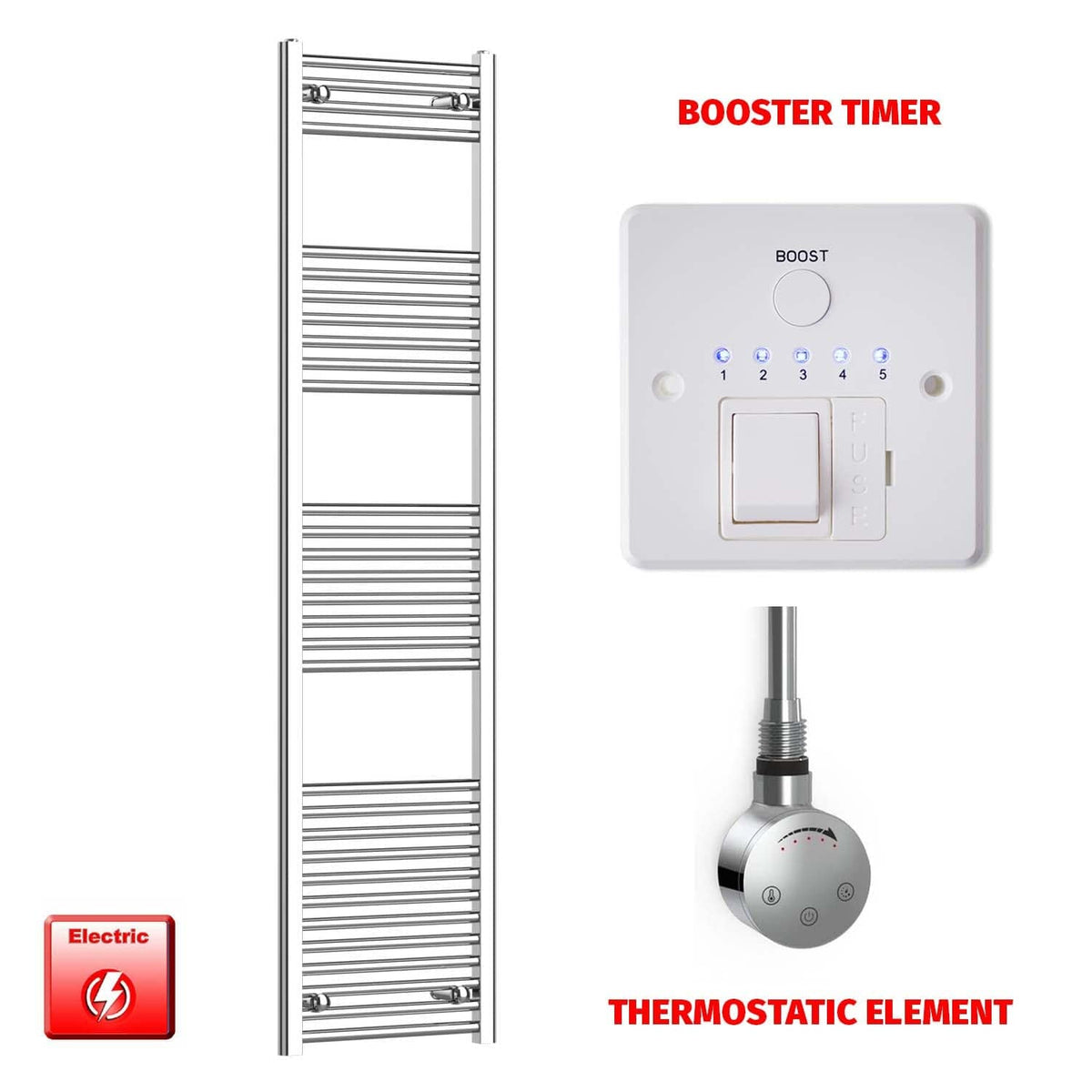 Straight / Thermostatic Element + Booster Timer 500 x 1800 Flat Chrome Pre-Filled Electric Towel Rail HTR